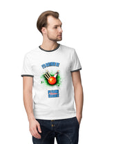 Mens Black Rib Collor Cotton TShirt with cricket graphic saying 'I'd rather be playing cricket'.